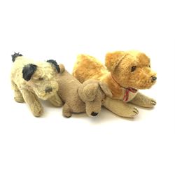 Three English dogs 1930s-60s including Deans Rag Book Co. Ltd. 'Childsplay' corgi in crouching position with two-tone body, glass type eyes and plastic nose with stitched mouth L18
