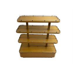 Early to mid-20th century Art Deco design oak shop display stand, fitted with four tiers, the middle two adjustable, with chrome gallery 