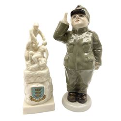 Royal Dux figure of a saluting soldier and Willow Art Crested ware Hull soldiers war memorial c1903 late South African war, tallest H19cm