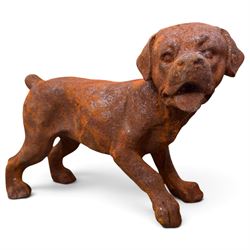 Pair of weathered cast iron garden ornaments modelled as playful Rottweiler puppies, in rusted finish