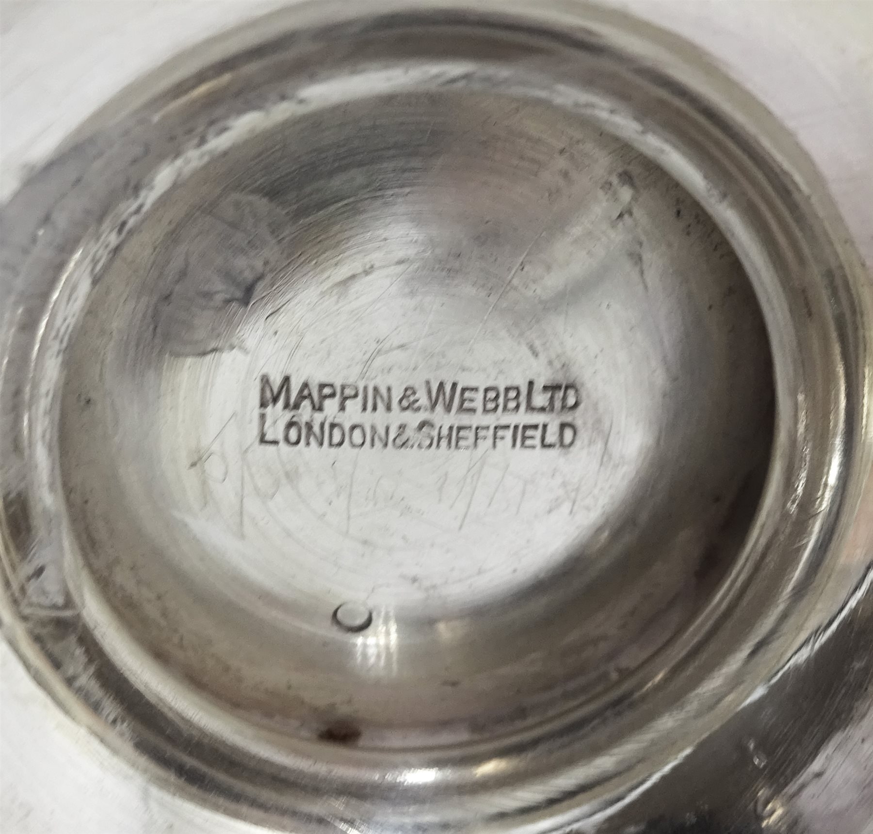 Silver Art Deco christening mug, engraved decoration by Stower & Wragg Ltd, Sheffield 1939, silver scalloped design, pedestal bon bon dish by Mappin & Webb, Sheffield 1956 and a silver small dish by William Comyns & Sons Ltd, approx 9.5oz