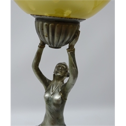  Art Deco silvered spelter table lamp modelled as a lady dancer holding a globular glass shade below a fluted mount on alabaster base, H63cm    