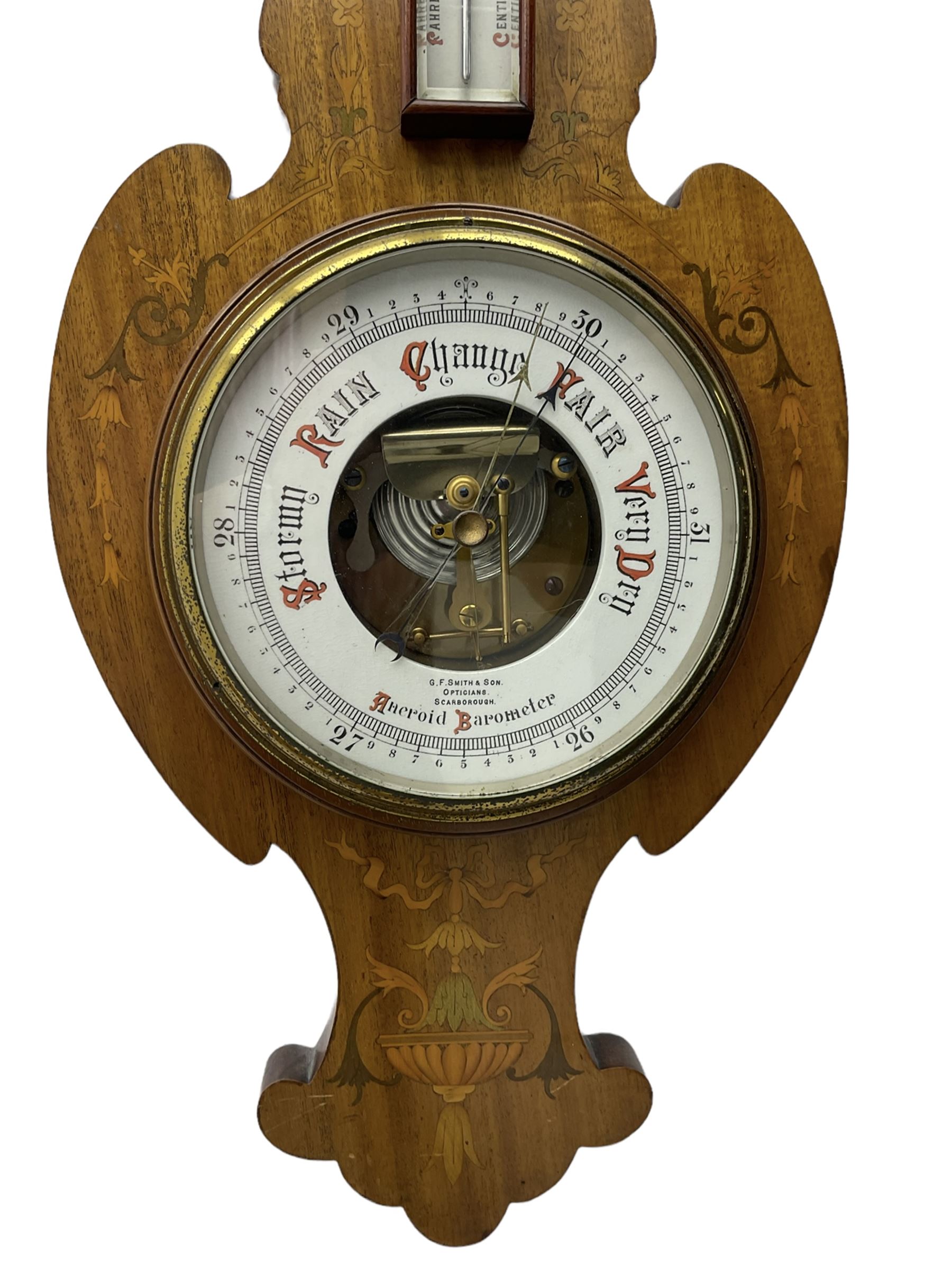 Edwardian art Nouveau aneroid barometer in a mahogany case inlaid with
