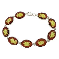 Silver amber engraved rose oval link bracelet, stamped 925