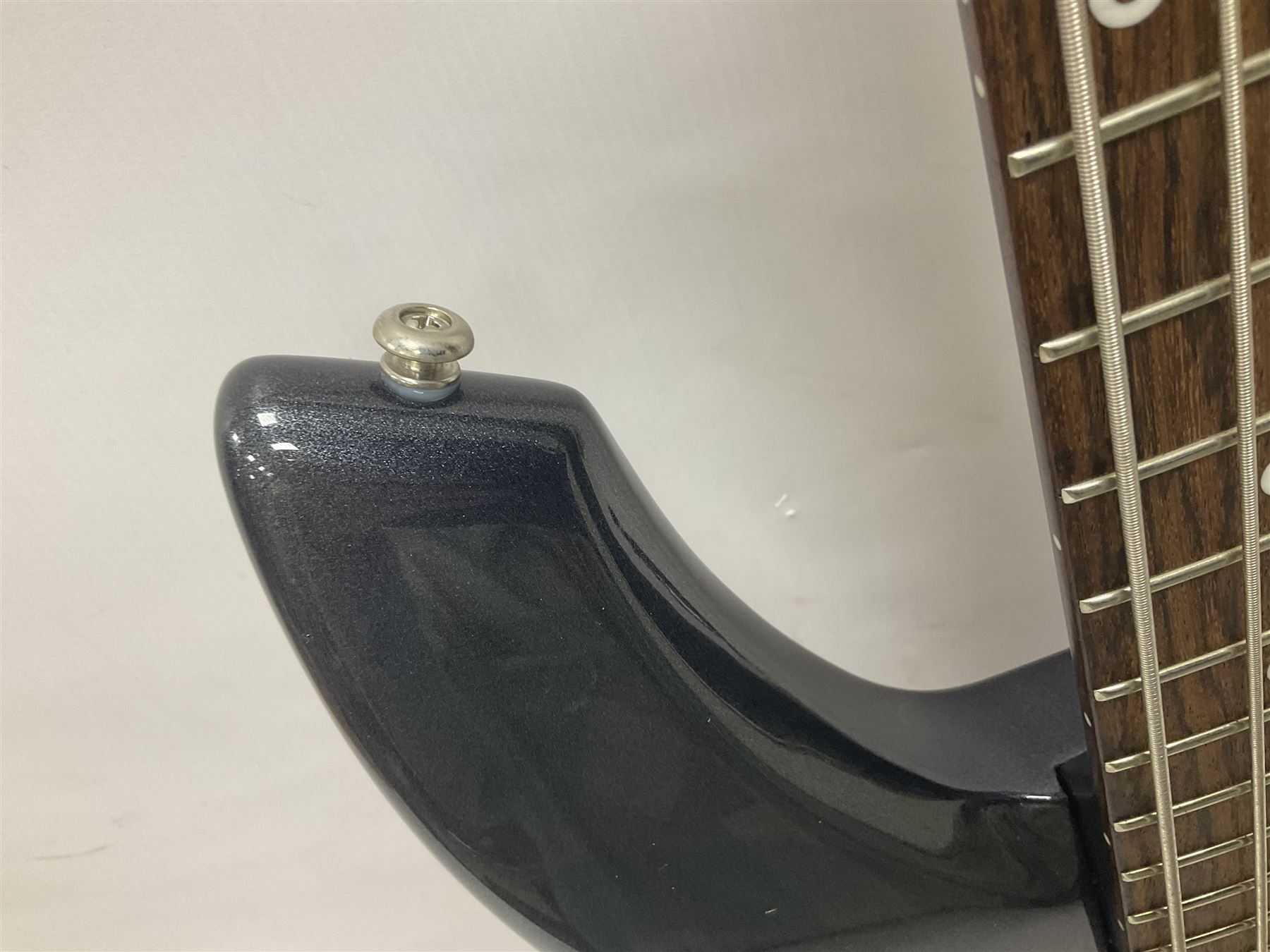 Music Man Bongo 4 string bass guitar, in sapphire black finish, serial no F42547, in black Music Man hard case, guitar L113cm