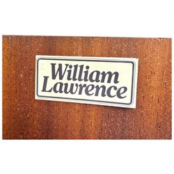 William Lawrence - mid-20th century teak double wardrobe, upper storage section over twin doors featuring recessed handles and contrasting horizontal panel, enclosing a hanging rail compartment, on plinth base with concealed castors