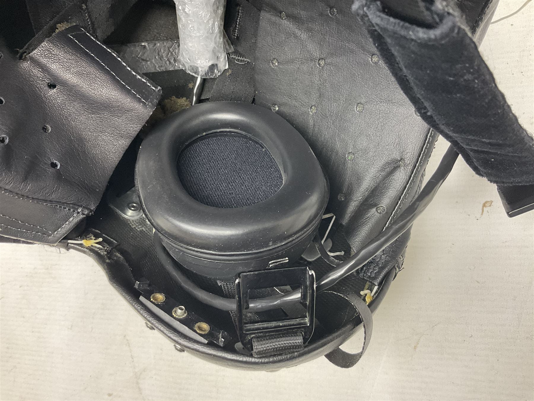 RAF Alpha MK 4 helicopter pilot's flying helmet, finished in white for civilian/rescue service use; reconditioned and avionics tested as working; black cloth cover to visor; fitted with boom microphone; medium size; in blue cloth carrying bag