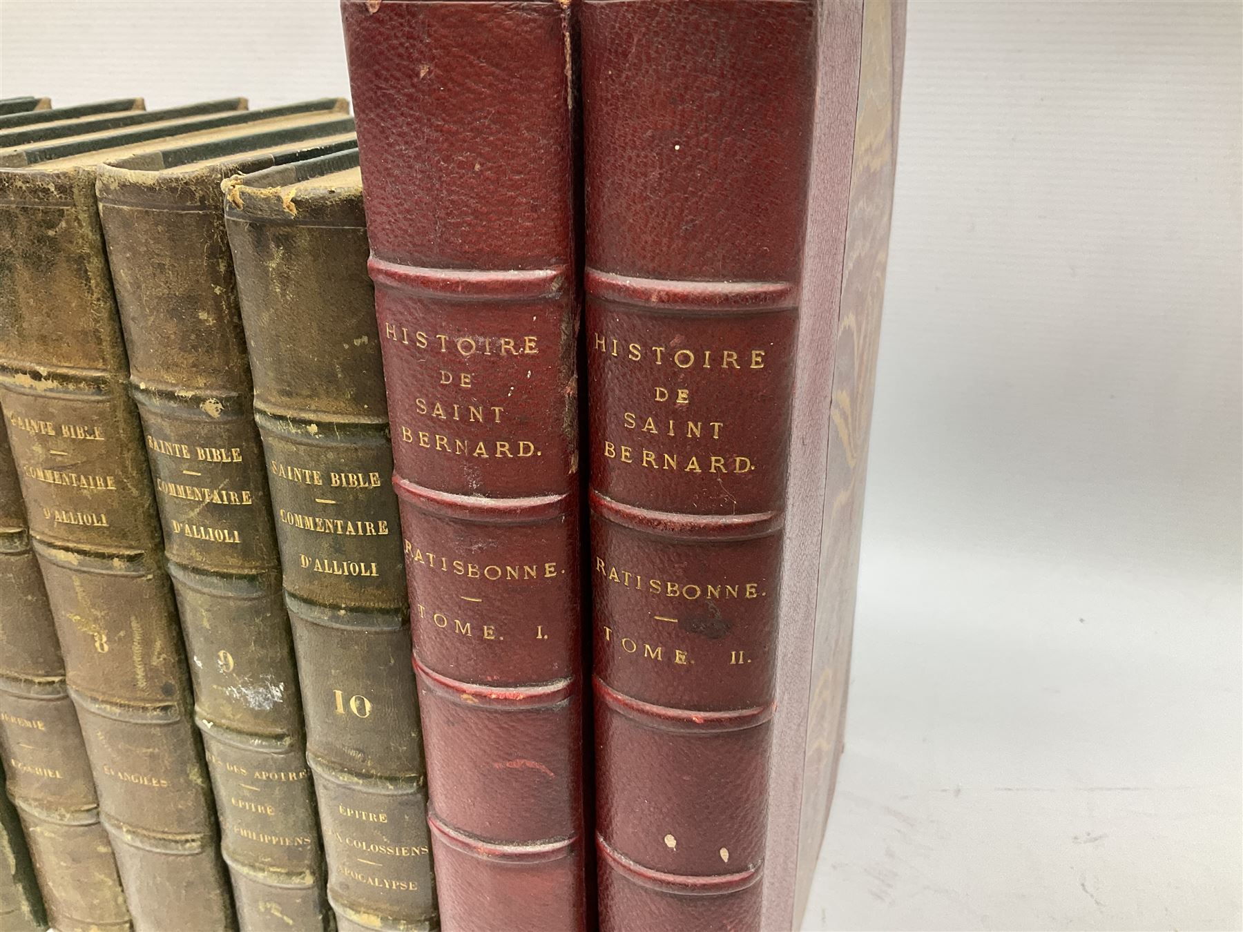 Histoire De Saint Bernard Et De Son Siecle par Le R.P. Marie-Theodore Ratisbonne. 1864 Paris. Two volumes; Nouveau Commentaire Litteral, Critique Et Theologique. 1854 Paris. Nine volumes; and Oeuvres De M. Audin. 1845/7 Paris. Eight volumes. All with leather bindings (19)
