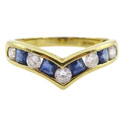 18ct gold channel set five stone round brilliant cut diamond and four stone princess cut sapphire wishbone ring, hallmarked, total diamond weight approx 0.45 carat