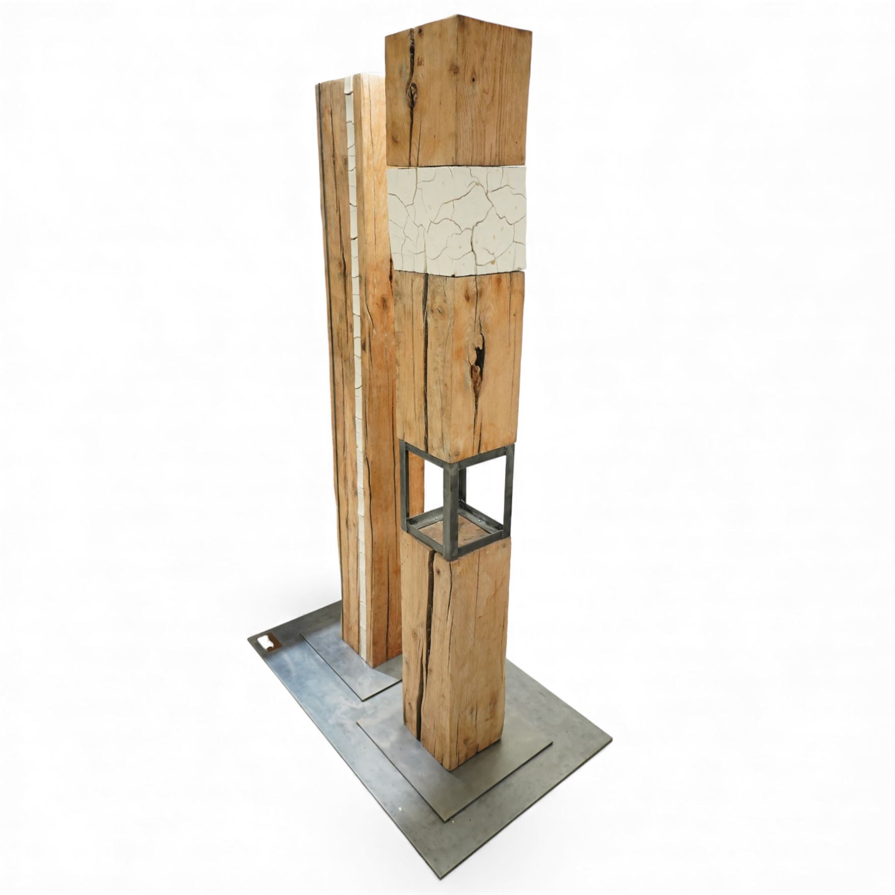 Sophie Olivier (French 1978-): ‘Amour’, 3D sculpture depicting Man & Woman, constructed from driftwood sections with inset ceramic elements and metalwork frames, mounted on a stepped metal base, applied with artist’s plaque and dated 2017