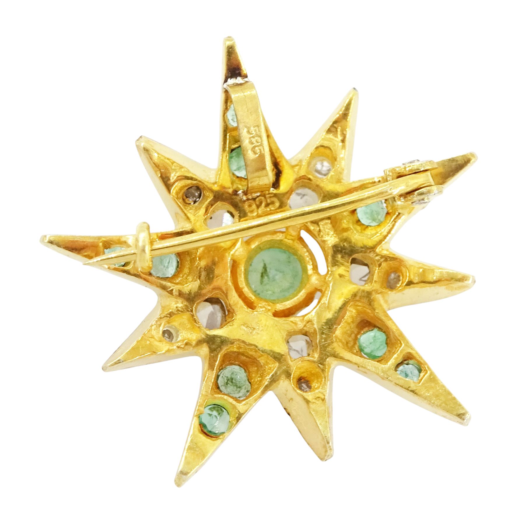 Silver-gilt diamond and emerald star pendant / brooch, with 14ct gold pendant bail, total diamond weight approx 0.50 carat, total emerald weight approx 0.60 carat