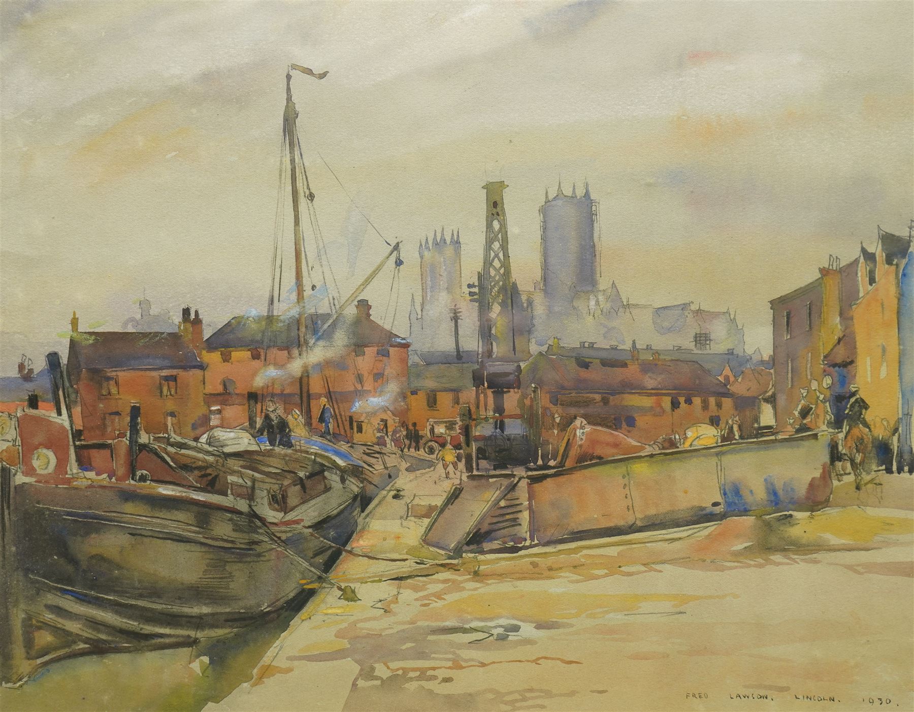 Frederick (Fred) Lawson (British 1888-1968): 'Lincoln' Docks with Cathedral Behind, watercolour signed titled and dated 1930, 36cm x 44cm
