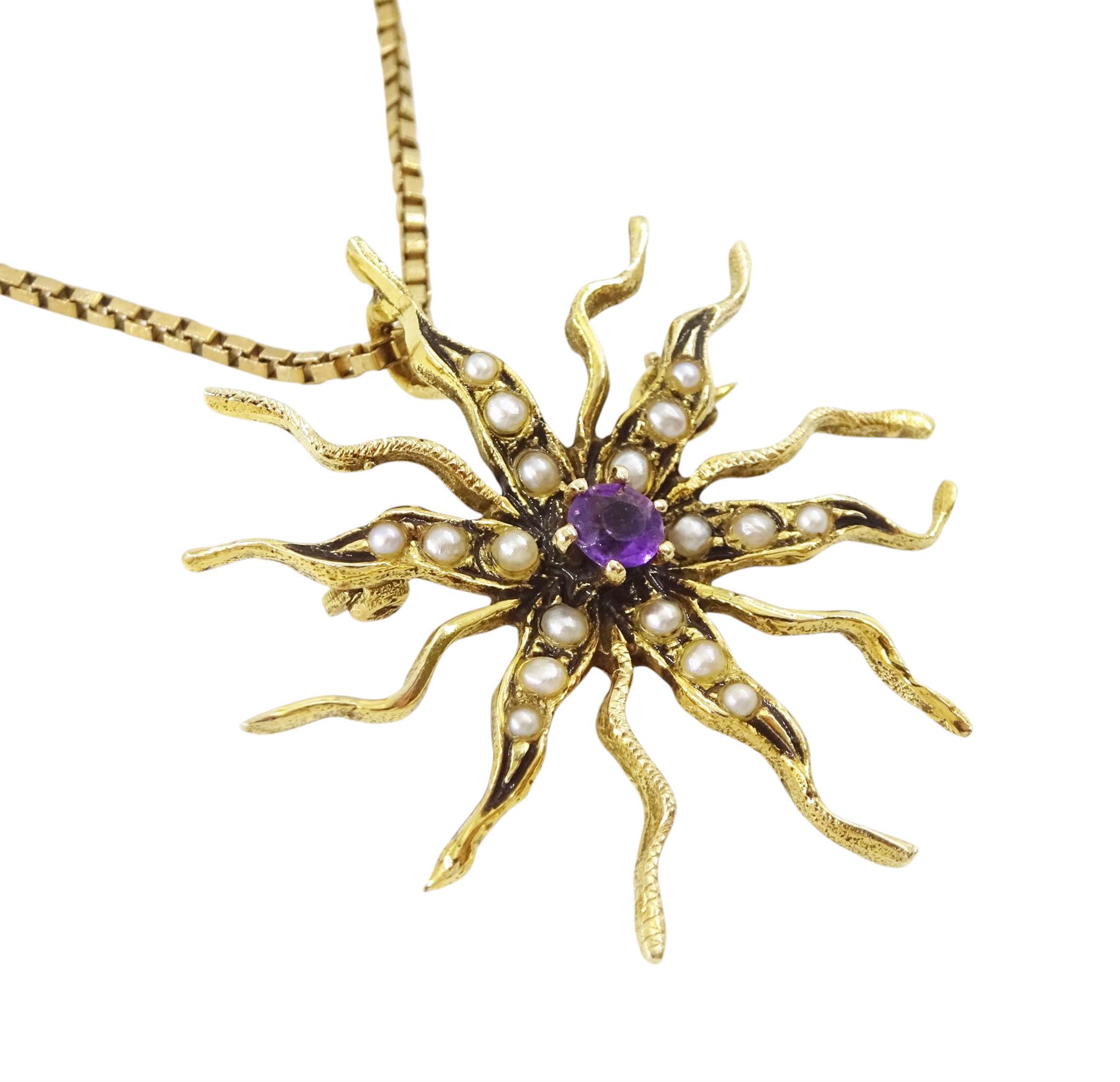 14ct gold amethyst and seed pearl star pendant / brooch, stamped, on a 9ct gold box link chain necklace, hallmarked