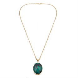 9ct gold azurite pendant necklace, bezel set oval cut azurite, on a gold belcher link chain necklace