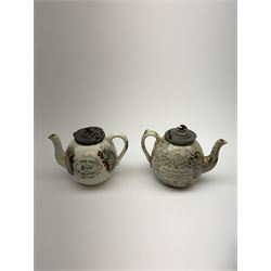 A group of 19th century ceramics, comprising agateware teapot with pewter cover, the body detailed with verse, a further example detailed A Present from Blackpool, large Wedgwood best composition mortar, two copper lustre jugs and a small cup, floral print decorated jug possibly Don Pottery, Gaudy Welsh jug, floral painted mug, Staffordshire nursery plate, teapot, and teacup and saucer, reticulated chestnut basket, Staffordshire bough group, plus a later Staffordshire style dog. (9). 