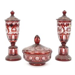 Pair of Bohemian ruby glass goblet and cover, together with a covered dish, goblet H28cm