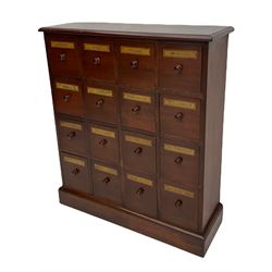 Victorian style mahogany chemist apothecary type chest, the moulded top over sixteen labelled drawers, plinth base