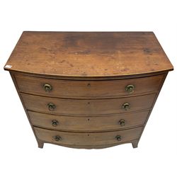 19th century mahogany bow front chest, fitted with four graduating drawers, shaped apron and splayed bracket feet