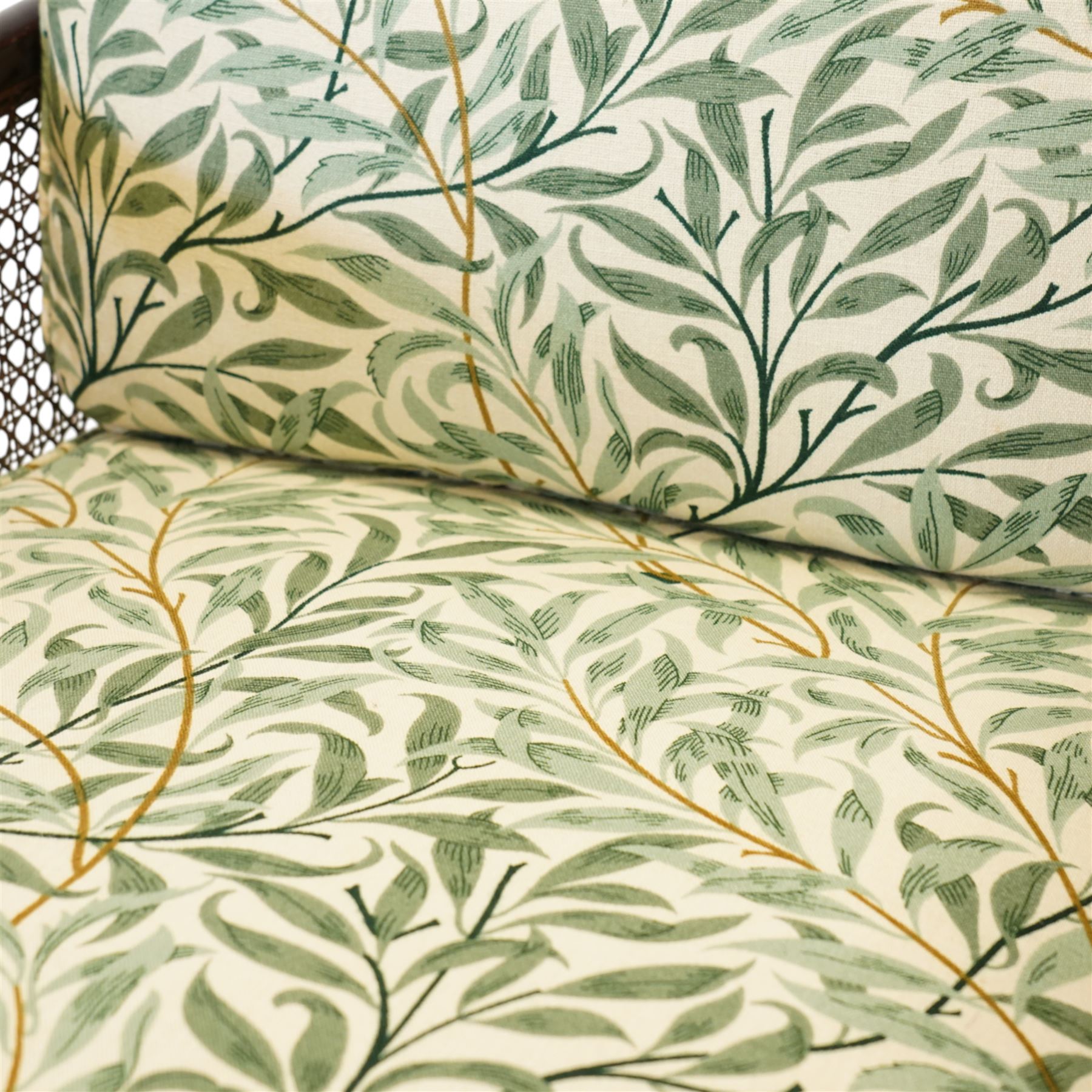 Edwardian stained beech Bergère armchair, with double cane sides and back, with the apron seat and cushion seat and back cushion, upholstered in a William Morris Willow Bough fabric, supported on cabriole legs with pad feet 