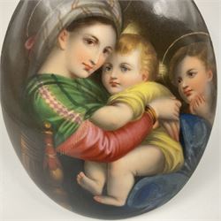 19th century Continental porcelain plaque, of oval form, painted with the Madonna and Child after Raphael, unmarked, possibly KPM, H12cm W9cm 