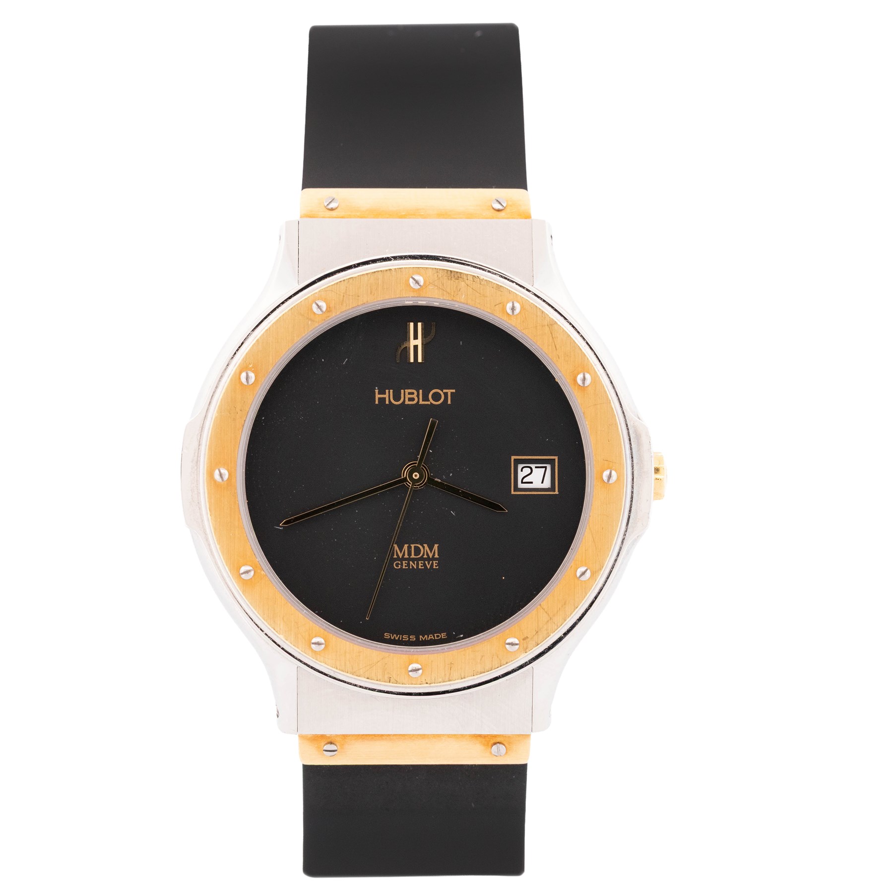 Hublot MDM Classic gentleman's 18ct gold and stainless steel quartz wristwatch, Ref. 1523.2, black dial with date aperture, on rubber strap with fold-over clasp, boxed with guarantee card dated 2004