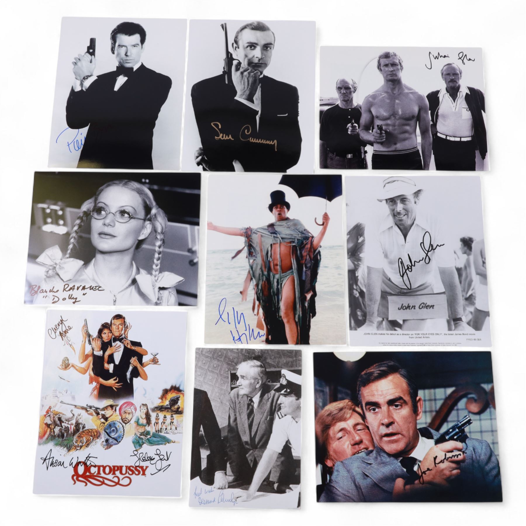 Collection of James Bond related signed film stills and promotional photographs, including Sean Connery and Pierce Brosnan promotional shots, Desmond Llewelyn, Octopussy poster, John Glenn, Blanche Ravalel, Geoffrey Holder and Julian Glover, all with certificates of authenticity