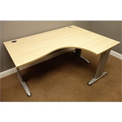  Lightwood finish right hand office desk on metal base, W160cm, H120cm, H72cm  