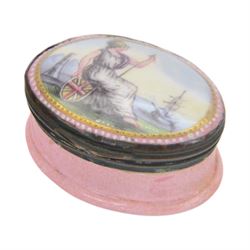 19th century Bilston enamel snuff box, of oval form, the hinged cover decorated with Britannia, H5cm  