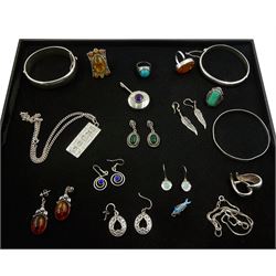 Silver and stone set silver jewellery including amber rings and pair of earrings, silver ingot necklace, pairs of earrings and bangles all stamped or hallmarked
