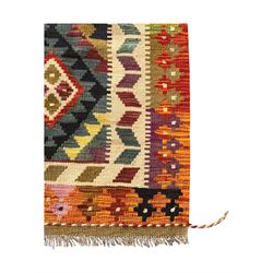 Afghan Maimana Kilim flatweave rug, dark teal ground with a multicoloured diamond lattice, framed by a wide border of stylised motifs, finished with braided corner tassels
