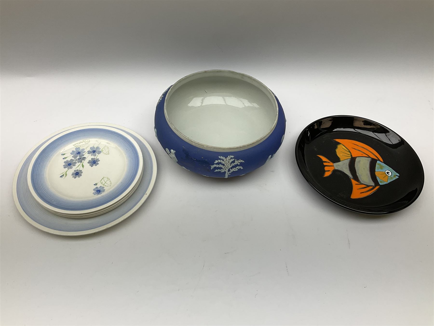 Two Royal Crown Derby pattern Imari soup bowls, pattern 2451, Belleek Fermanagh Ireland four piece set in green shamrock pattern, Royal Doulton small lady figure, Marie HN1370, large Wedgwood fruit bowl, Sylvac jardiniere in autumn leaves pattern, five pieces Co-operative Society commemorative ceramics, with selection of other ceramics. 