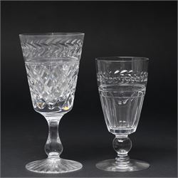 Quantity of Stuart crystal including six Cheltenham whisky tumblers, six claret glasses, six water tumblers and decanter with similar Stuart glass including sherry glasses, two brandy balloons, water jug etc