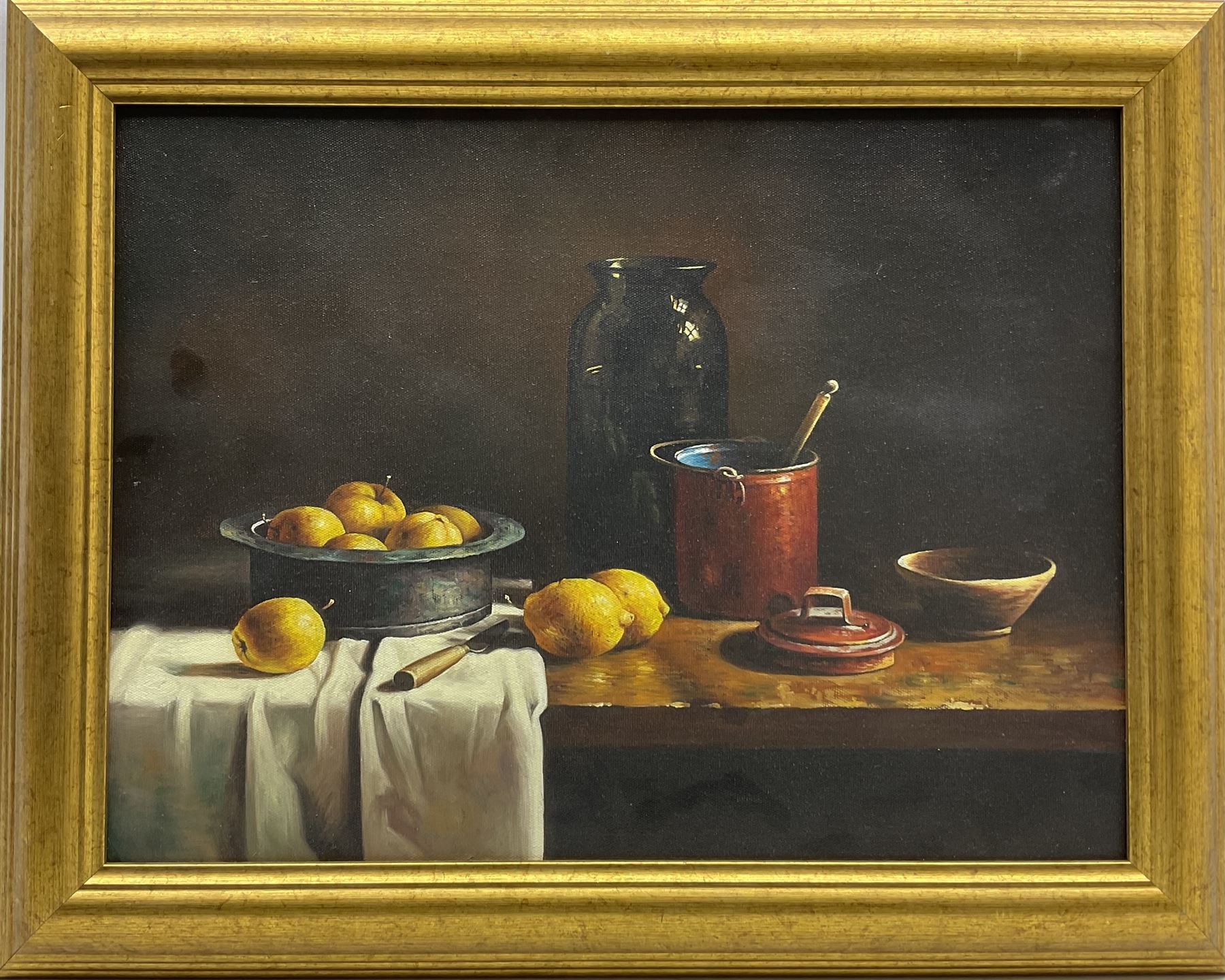 Peter J Bailey (British 1951-): Still Life of Fruit and a Copper Pan, oil on canvas unsigned, signed with monogram and inscribed 'To Ken' on the frame verso 30cm x 40cm