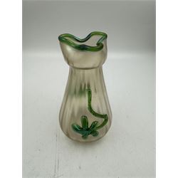 Three Austrian Art Nouveau iridescent glass vases, including a Kralik example of tapering form, with pearlescent lustre body and applied green flower decoration, tallest H18cm