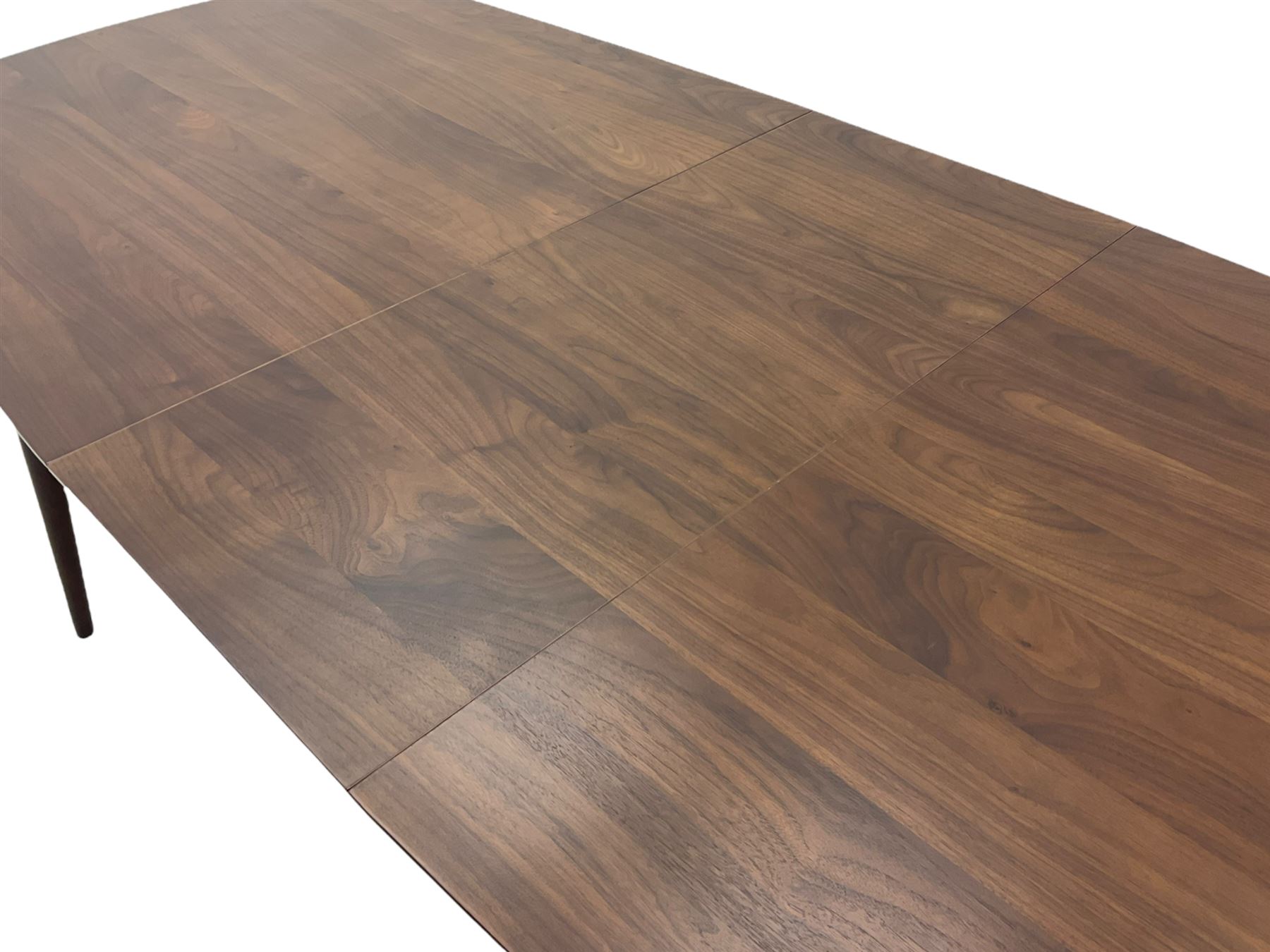 Bentley Designs - Premier collection 'Oslo' contemporary walnut extending dining table and six chairs upholstered in steel grey fabric. 