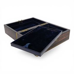 19th century brass mounted coromandel wood box, the hinged lid with inlaid cartouche with initials to the centre, opening to reveal two removable velvet lined trays 