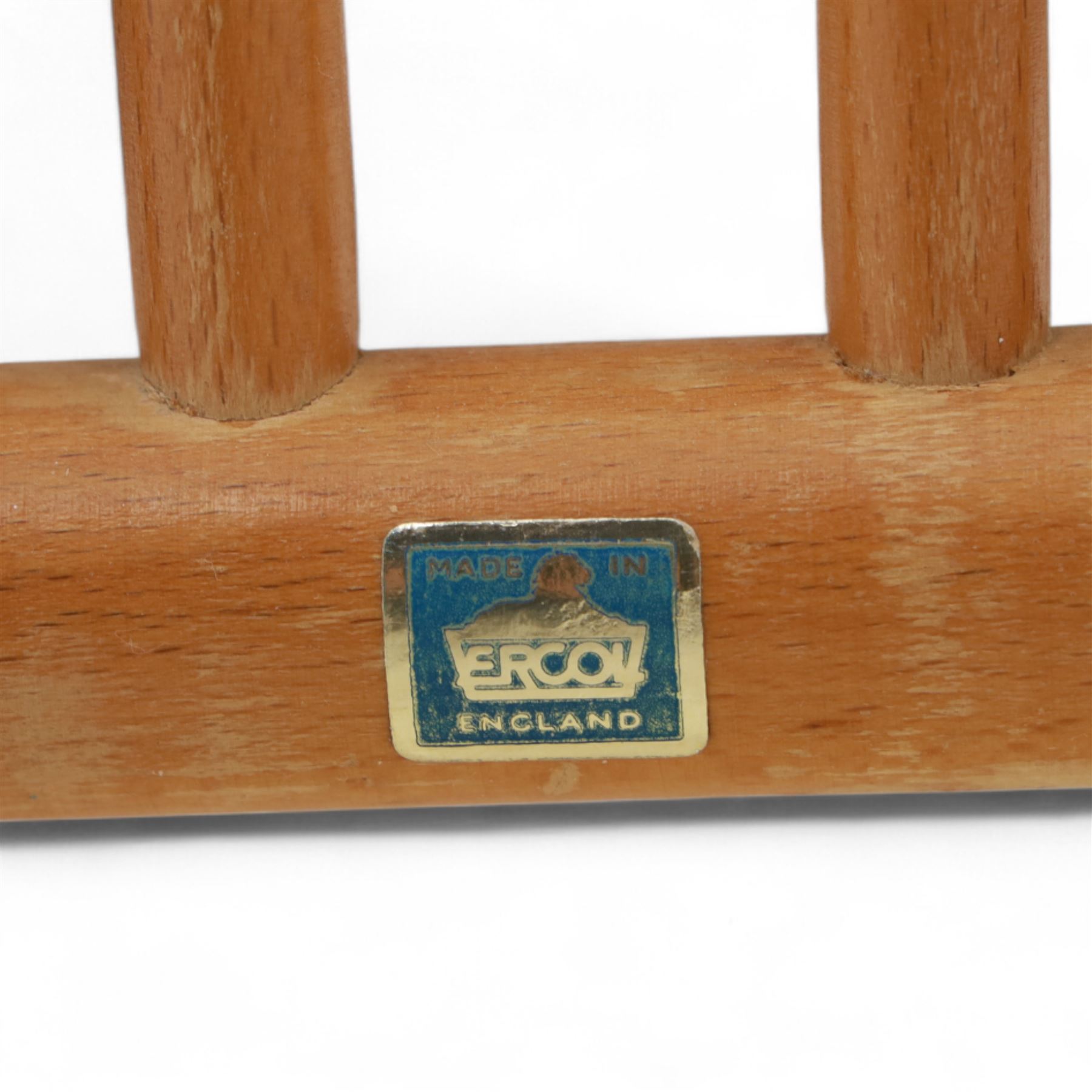 Ercol - Pair of high back Windsor kitchen chairs, elm seats with beech stick backs and legs, shaped saddle seats and turned stretchers