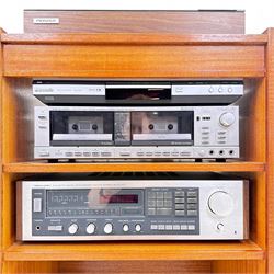 Vintage teak hi-fi cabinet comprising Realistic SCT-90 tape deck, STA 2270 receiver, Optimus 45 stereo speakers, Pioneer PL-1120 turntable,  Panasonic DVD 535 player 