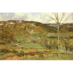  Walter Elmer Schofield (American 1867-1944): Eastby Crag Embsay Nr. Skipton, oil on canvas signed c.1906/07, 60cm x 90cm Provenance: Schofield born in Philadelphia to English emigre parents studied at the Pennsylvania Academy of Arts 1889-1892 moving on to the Academie Julian in Paris. In 1896 he married his English wife Murielle Redmayne of Southport Lancashire. In 1903 they settled in St. Ives. This view of Eastby was sketched while on holiday in Ingleton (Embsay Station on the railway line to Ingleton overlooks Eastby) during the summer of 1906 and painted in his St. Ives studio 1906/7, becoming part of Schofield's Cornish Show Day Exhibition in St. Ives. In 1907 the family re-located to Ingleton bringing the painting with them which was sold locally in 1910 for then remained neglected and undiscovered for many years. Schofield is considered by many critics to be one of the daring innovators among American Impressionist landscape painters. Sold with two exhibition catalogues 'Bold Impressionist' - Brandywine River Museum 1983 and 'Proud Painter of Modest Lands' - Valerie Livingston, Moravian College 1988  