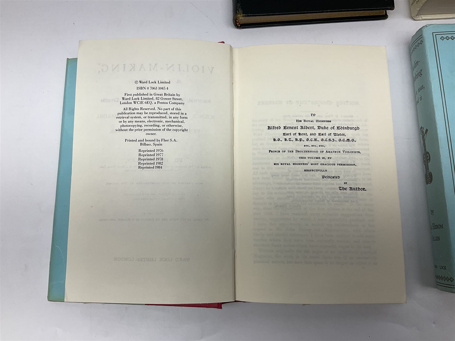 Fourteen books on violins and violin makers including Henley William: Universal Dictionary of Violin and Bow Makers. Five volumes. 1959/60. All first editions with dustjackets; Jalovec Karel: Encyclopaedia of Violin Makers. Two volumes. 1968. Vol.1 with d/j; Heron-Allen Ed.: Violin making As It Was, And Is. Two copies 1984 & 1991. Both with d/j; Henley W.: Antonio Stradivari. 1961; Fetis F.J.: Anthony Stradivari Celebrated Violin Maker. 1964 facsimile edition; Boyden David D.: catalogue of the Hill Collection of Musical Instruments in the Ashmolean Museum. 1979; and two others (14)