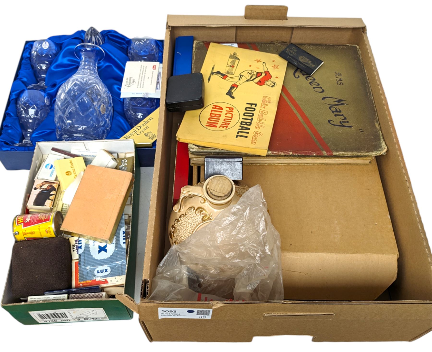 Royal Doulton Heinz Centenary decanter set, boxed, modern games compendium, RMS Queen Mary book and a 1937 Coronation souvenir book, together with matchboxes, cigarette cards, costume cufflinks and other collectables, 
