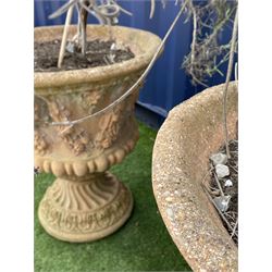 Pair composite stone garden planters, decorated with floral swags and grotesque masks, gadrooned underside - THIS LOT IS TO BE COLLECTED BY APPOINTMENT FROM DUGGLEBY STORAGE, GREAT HILL, EASTFIELD, SCARBOROUGH, YO11 3TX
