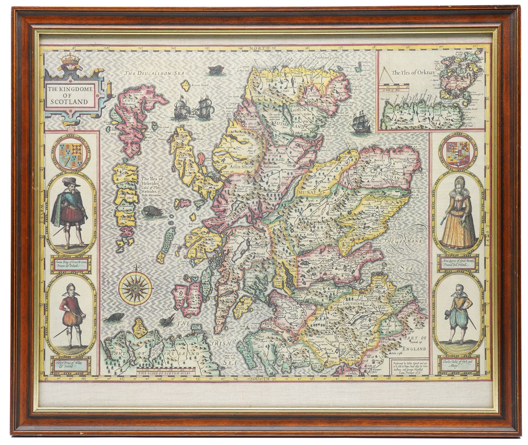 John Speed (British 1552-1629): 'The Kingdome of Scotland', 17th century engraved map with hand-colouring with inset plans of the Isles of Orkney and 'carte-a-figure' margins including Queen Anne and King James, pub. by John Sudbury & George Humble c.1611, 38.5cm x 51cm