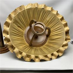 Trench Art shell lamp upon a stepped circular base, together light fitting with an umbrella shade depicting a hunting scene and a wicker lamp shade