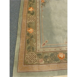  Chinese green ground rug carpet, central floral medallion, repeating border, 366cm x 274cm  