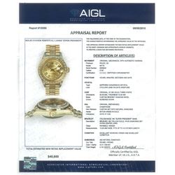 Rolex Oyster Perpetual Datejust ladies 18ct gold automatic wristwatch, circa 1983, Ref. 69178, serial No. 8058240, champagne dial diamond dot hour markers and outer diamond ring, after market diamond set bezel and lugs, on 18ct gold President bracelet, set with after market diamonds, with AIGL report and additional links