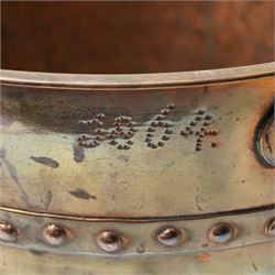 Riveted copper bucket with swing handle, marked with initials and 1864 H31cm x D34cm