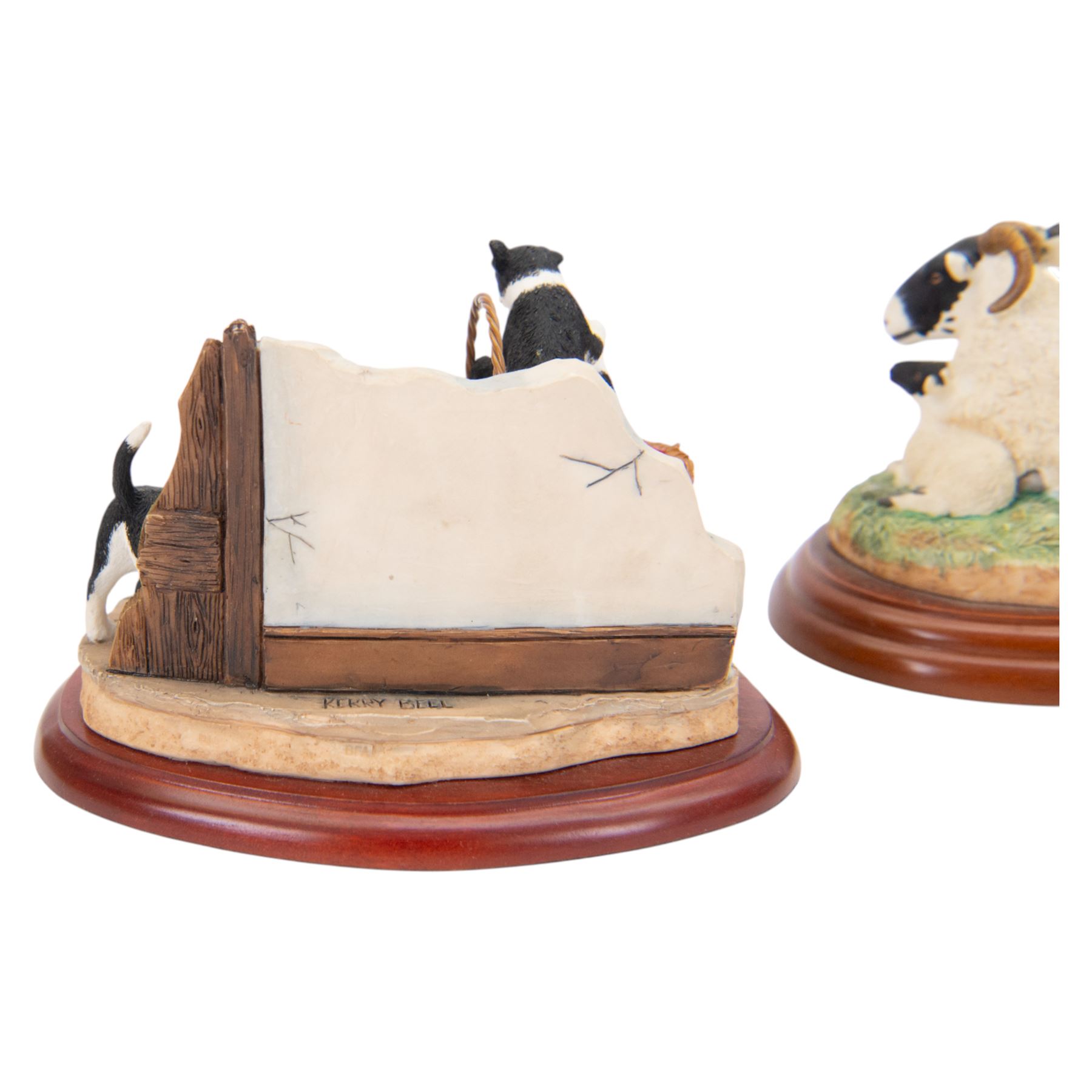 Seven Border Fine Arts animal figures, comprising Otter, Fox, Mummy's Boys, Wash Day, On The Farm, King of the Castle and Ewe & Lambs, all on wooden plinths