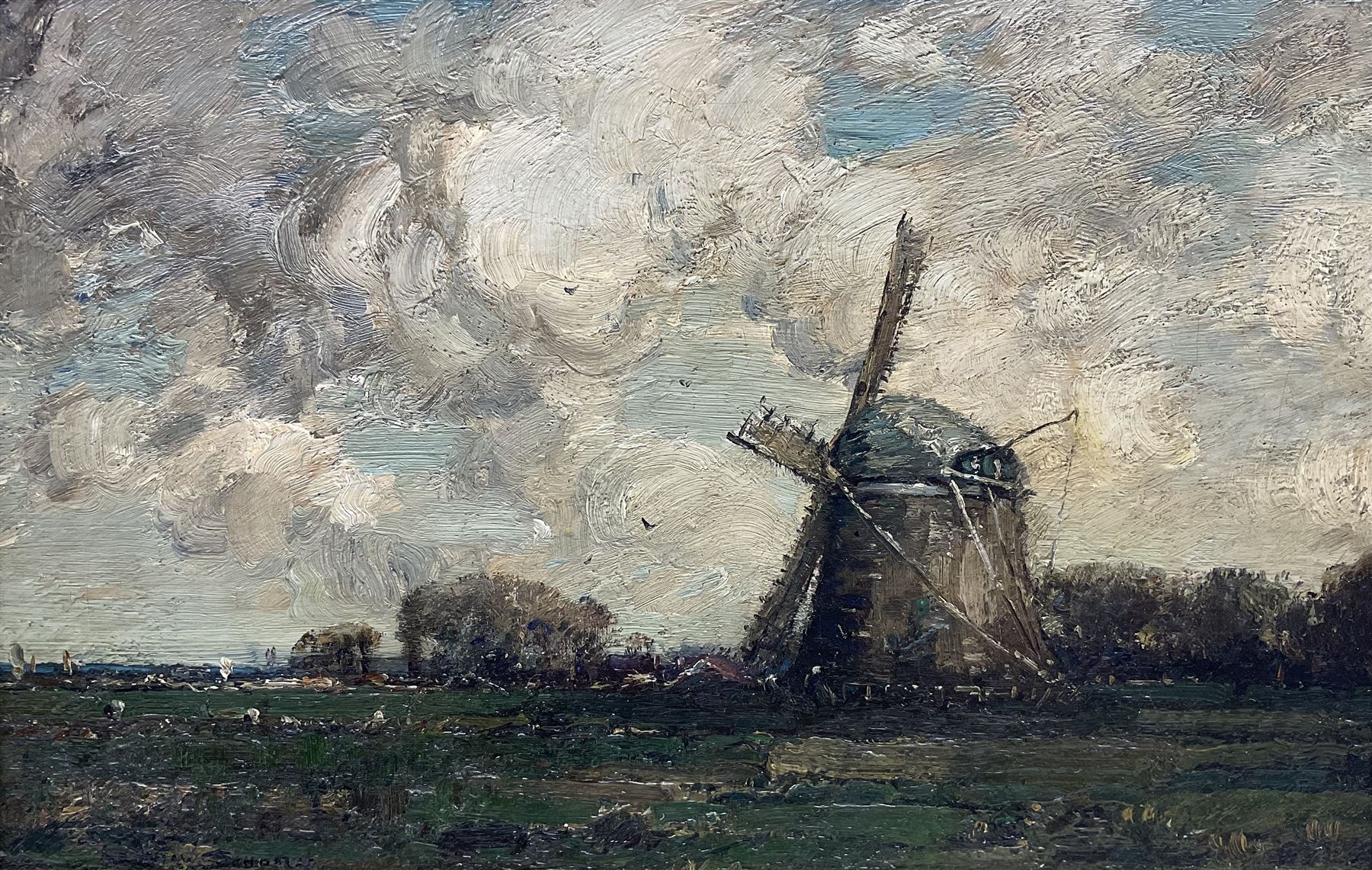 Kershaw Schofield (British 1872-1941): Windmill under Cloudy Skies, oil on canvas signed 28cm x 43cm