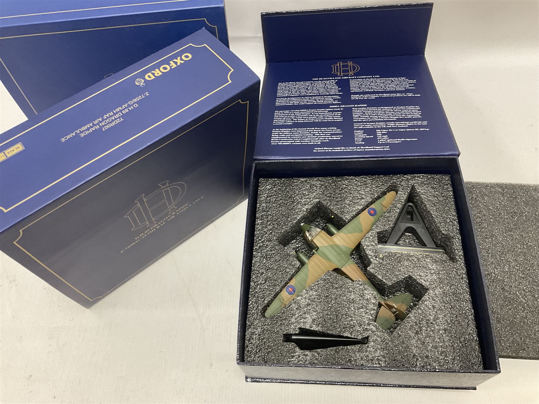 Oxford Die-Cast - four 1:72 scale model planes comprising two DH89 Dragon Rapide 72DR007 Z-7258/G-AFMH (RAF Air Ambulance) and 72DR008 0G-AIDL (Classic Air Force); De Haviland Devon C1 72DV003 VP975 Royal Aircraft Establishment; Avro Anson Mk1 72AA002 217 Sqn. RAF Coastal Command; in original boxes (4) 